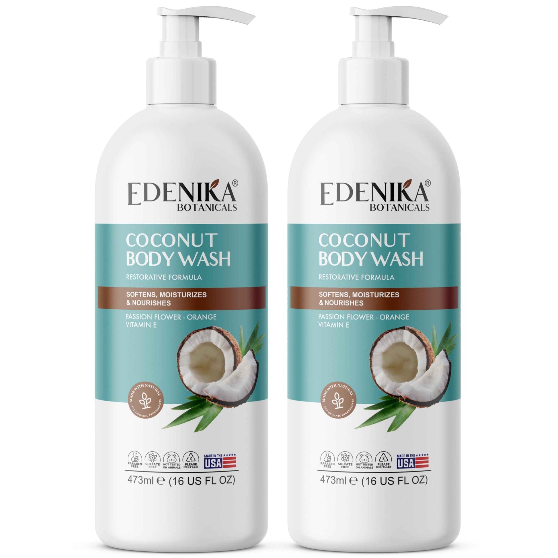 EDENIKA BOTANICALS Coconut Body Wash, Cleans, Softens & Nourishes, Ultra Moisturizing Shower Gel for Dry and Sensitive Skin, Women & Men, Organic & Natural, 16 fl oz, 2-Pack