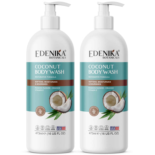 EDENIKA BOTANICALS Coconut Body Wash, Cleans, Softens & Nourishes, Ultra Moisturizing Shower Gel for Dry and Sensitive Skin, Women & Men, Organic & Natural, 16 fl oz, 2-Pack