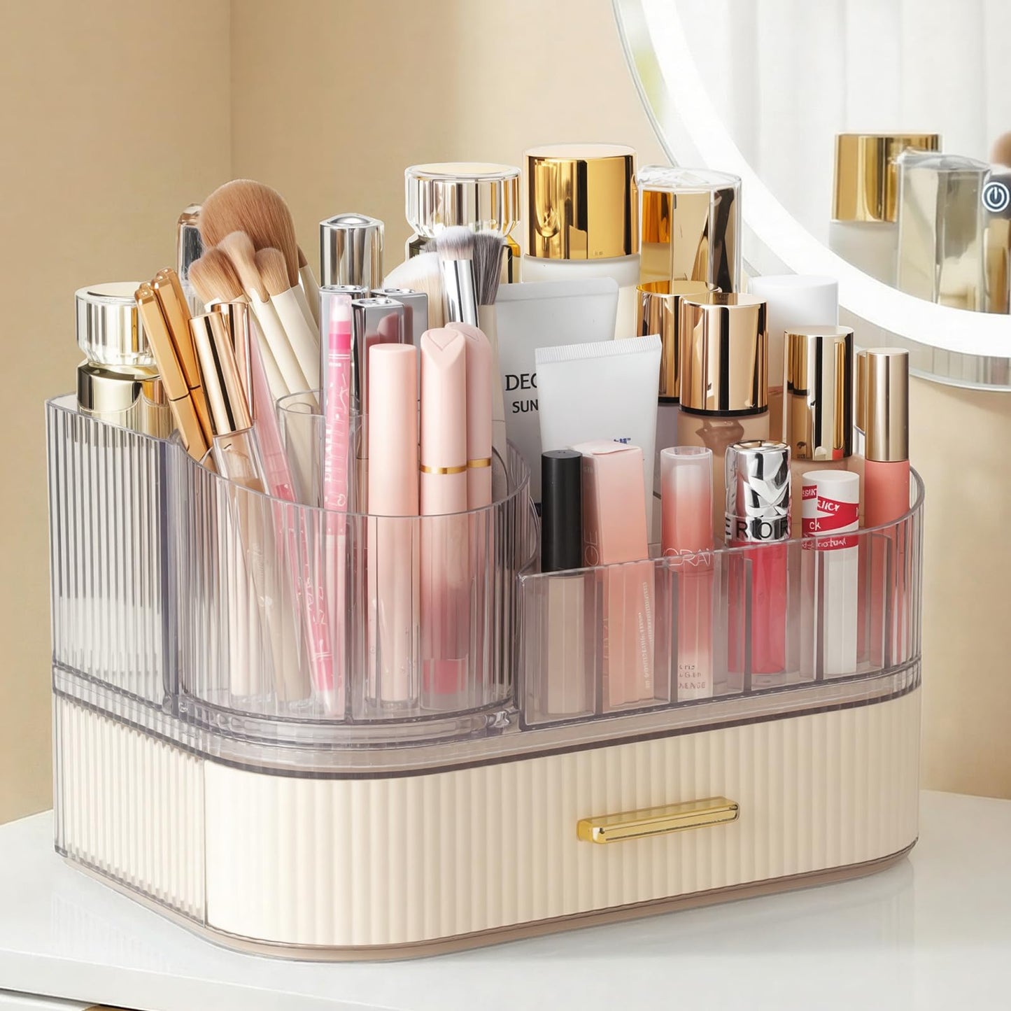 Delamu Makeup Organizer for Vanity with Stackable Drawer, 360 Rotating Makeup Brush Holder, Large Cosmetic Organizer with Tiered Storage for Skincare, Lipstick, Eyeshadow Brushes, Perfume, White