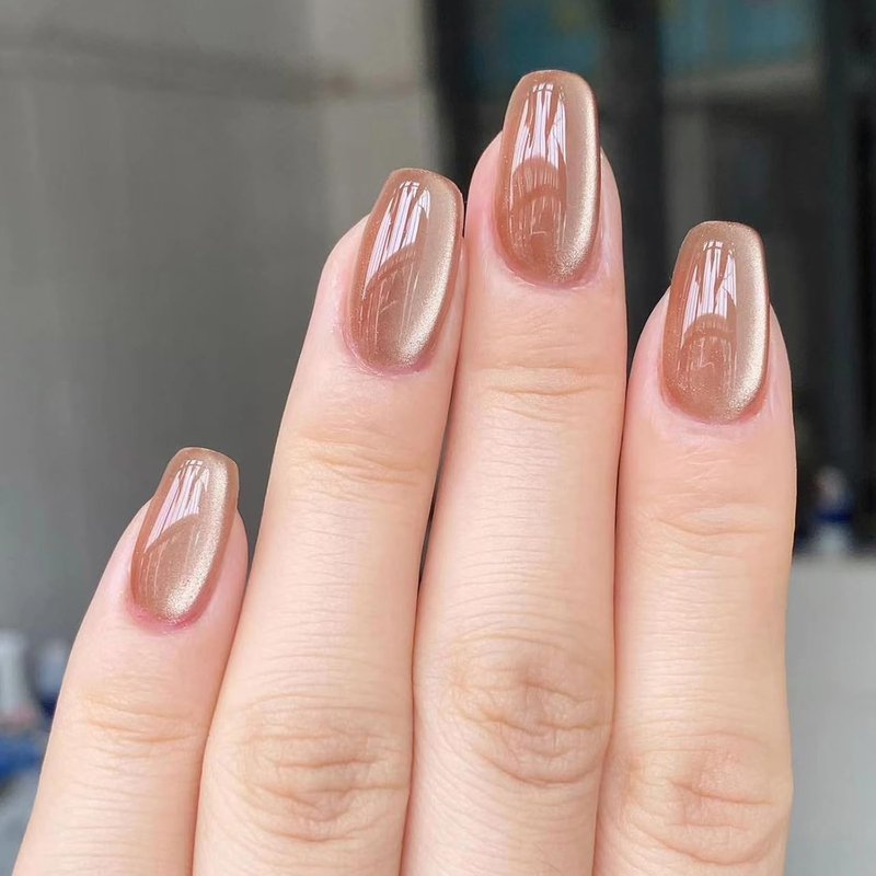 Press On Nails - Caramel Toffee Cat Eye Acrylics | Shimmering Velvet Finish, 24 Pcs for Daily Wear