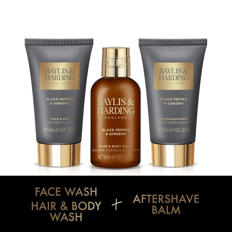Baylis & Harding Men's Gift Set - Luxury Wash Bag with Black Pepper & Ginseng | 3-Pack