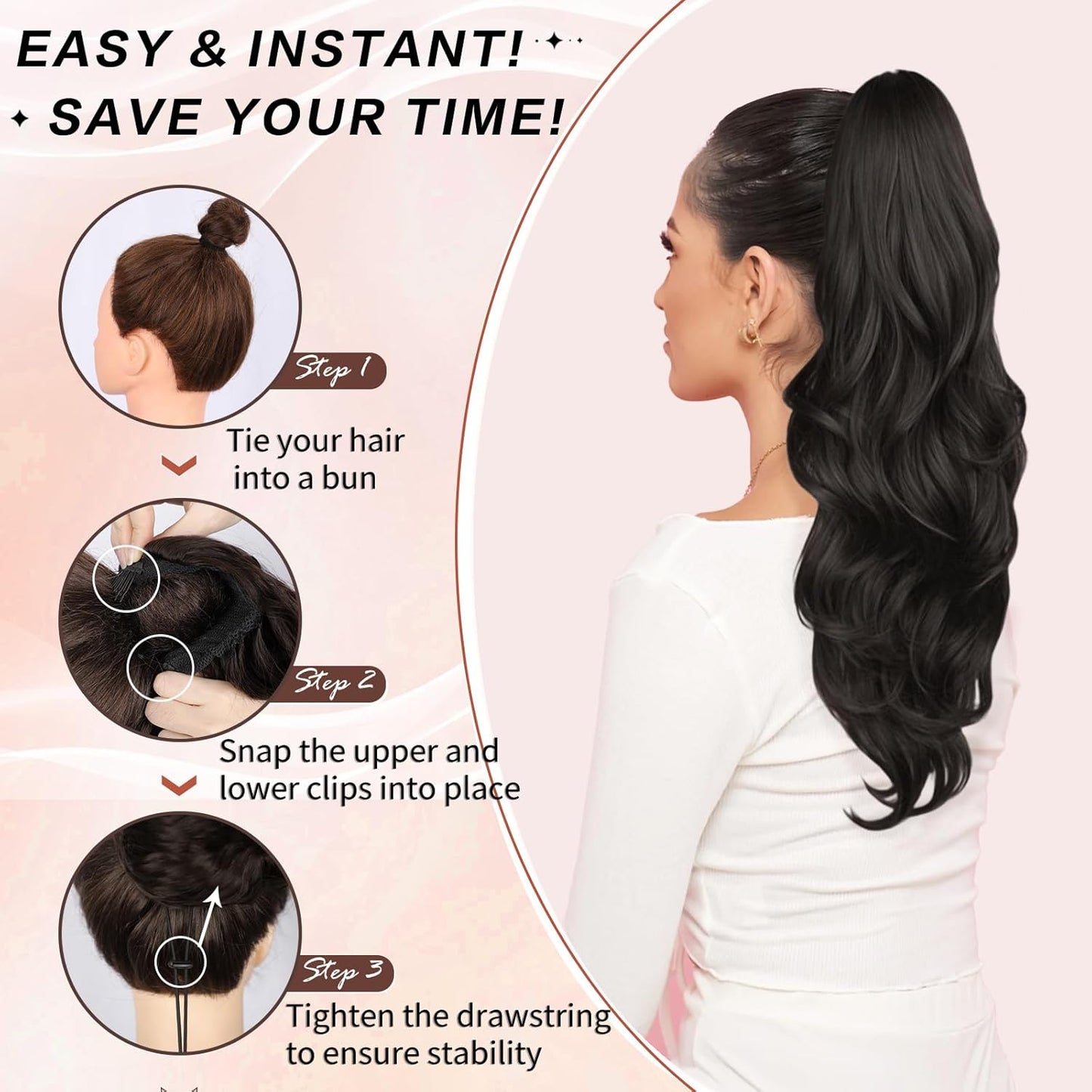 Ponytail Extension - 23 Inch Dark Brown Wavy Drawstring Hairpiece | Synthetic Clip-In for Women