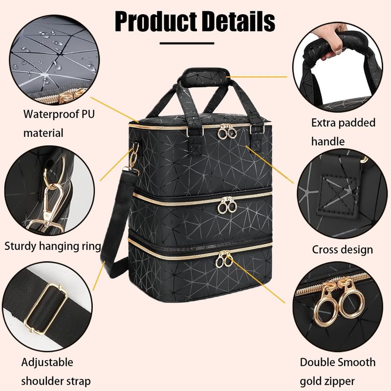 Nail Polish Organizer Bag, 3 Layers Detachable Nail Organizers and Storage, Nail Supplies Organizer, Travel Makeup Bag, Pu Leather Nail Polish Holder Carrying Case Box Holds 84 Bottles & nails Lamp