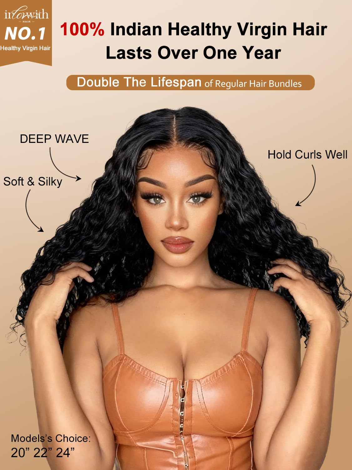 inlovwith Deep Wave Human Hair Bundles, Curly Bundles by 100% Unprocessed Indian Virgin Hair, Keep Texture Wet and Wavy After Multiple Washes(Single Bundle, 18 Inches)