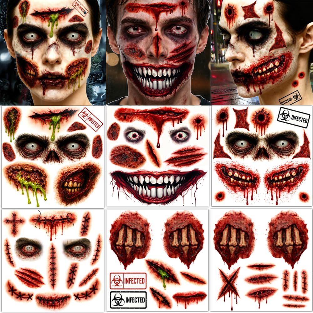 Halloween Zombie Tattoos Kit – 6 Sheets (4 Zombie Tattoos + 2 Wound Tattoos) – Fake Scars Temporary Tattoos for Adults, Women, Men – Realistic Zombie Makeup Kit, Scary Halloween Makeup Accessories (A)