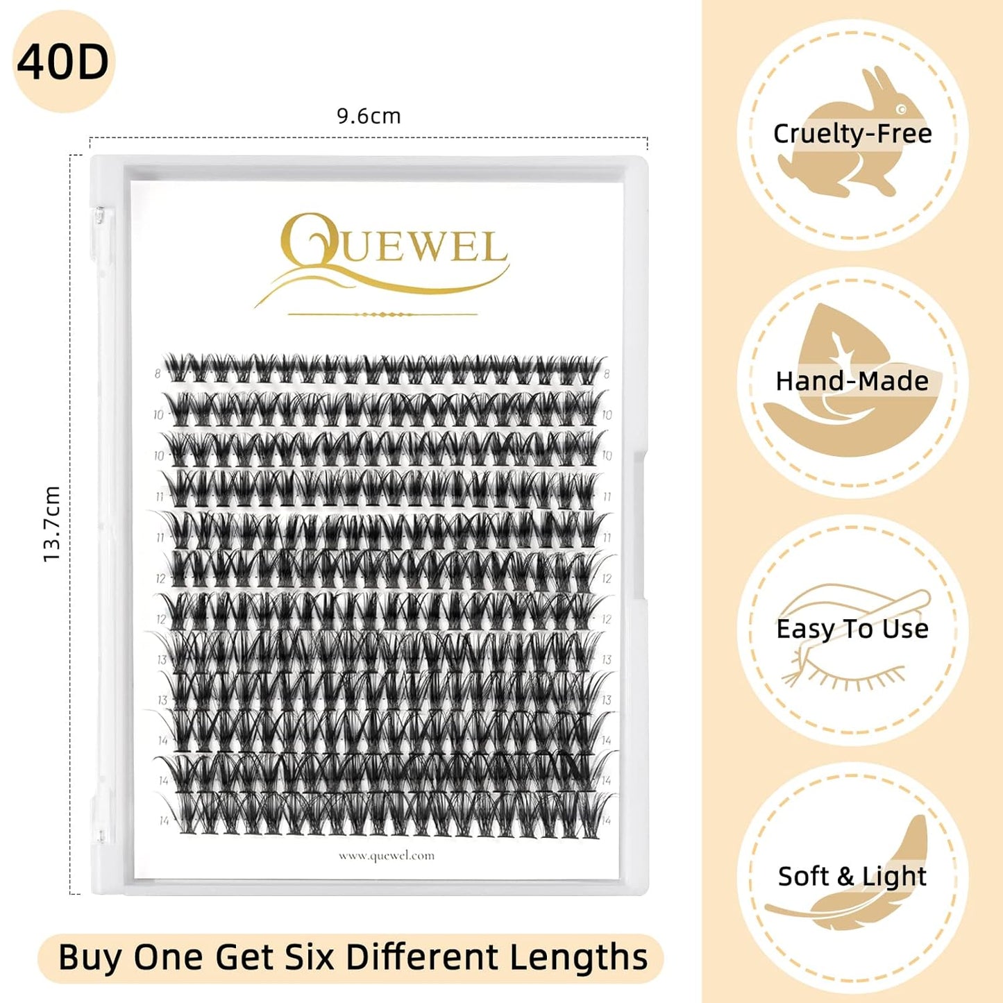 QUEWEL Cluster Lashes - 240 Pcs Individual 40D 0.07D Curl Mix 8-14mm Soft & Natural Eyelash Extensions for DIY Home Use