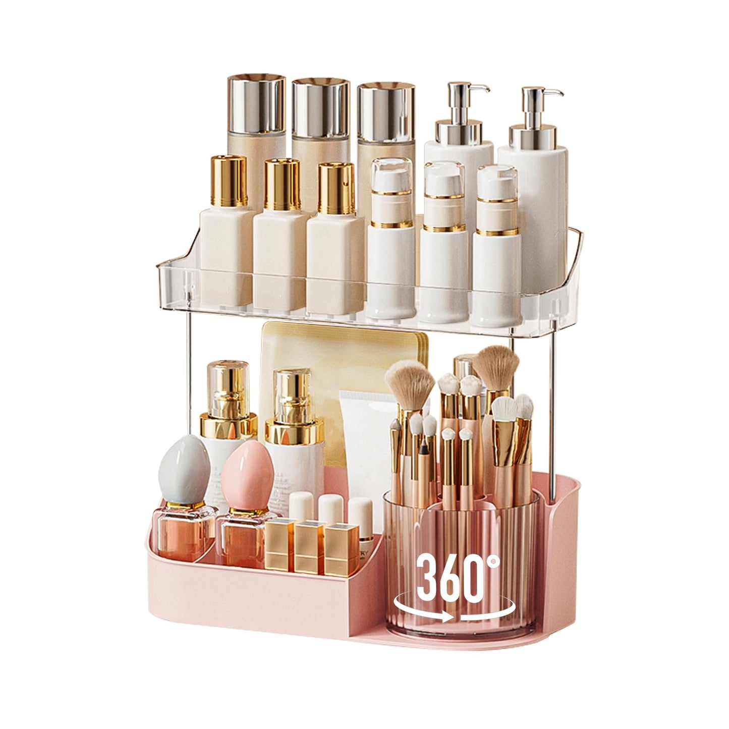 DASITON Large Capacity Makeup Organizer with 360° Rotating Makeup Brush Holder, Perfume and Skincare Storage Organizers for Vanity Bathroom Countertop, Cosmetic Display Case (Pink, 2 Tier)