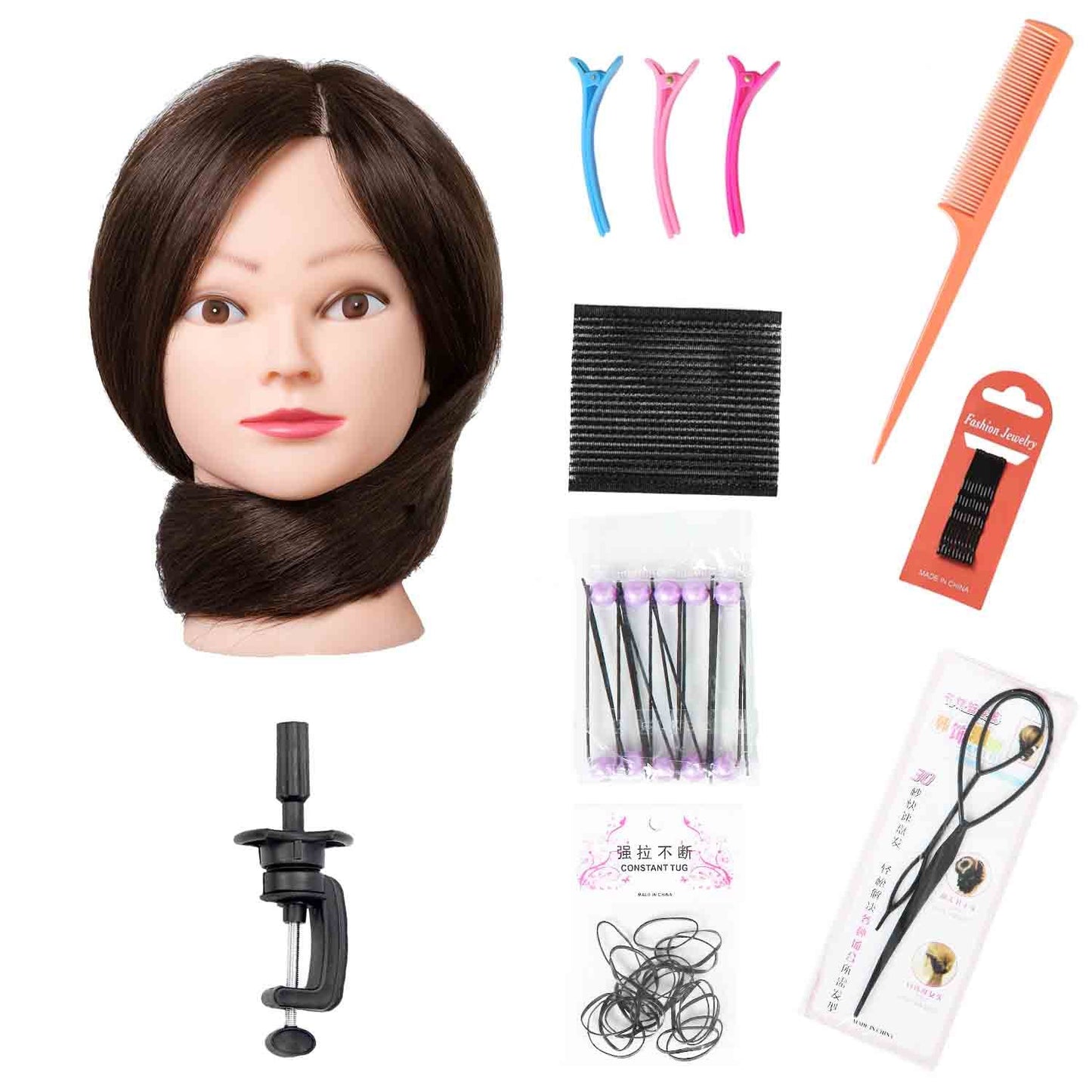 26"-28" Long Hair Mannequin Head with 60% Real Hair, Hairdresser Practice Training Head Cosmetology Manikin Doll Head with 9 Tools and Clamp - #4 Brown, Makeup On