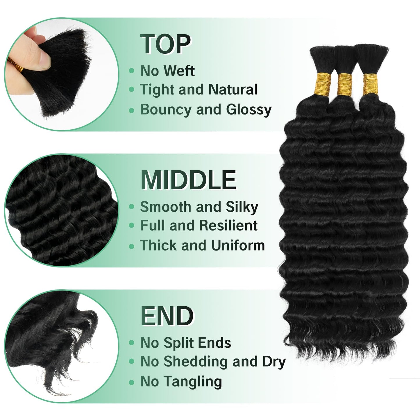 Human Braiding Hair for Boho Braids 120g 3 Bundles Deep Wave Curly Bulk Human Hair for Braiding Knotless Bohemian Natural Color (1B, 22 Inch)