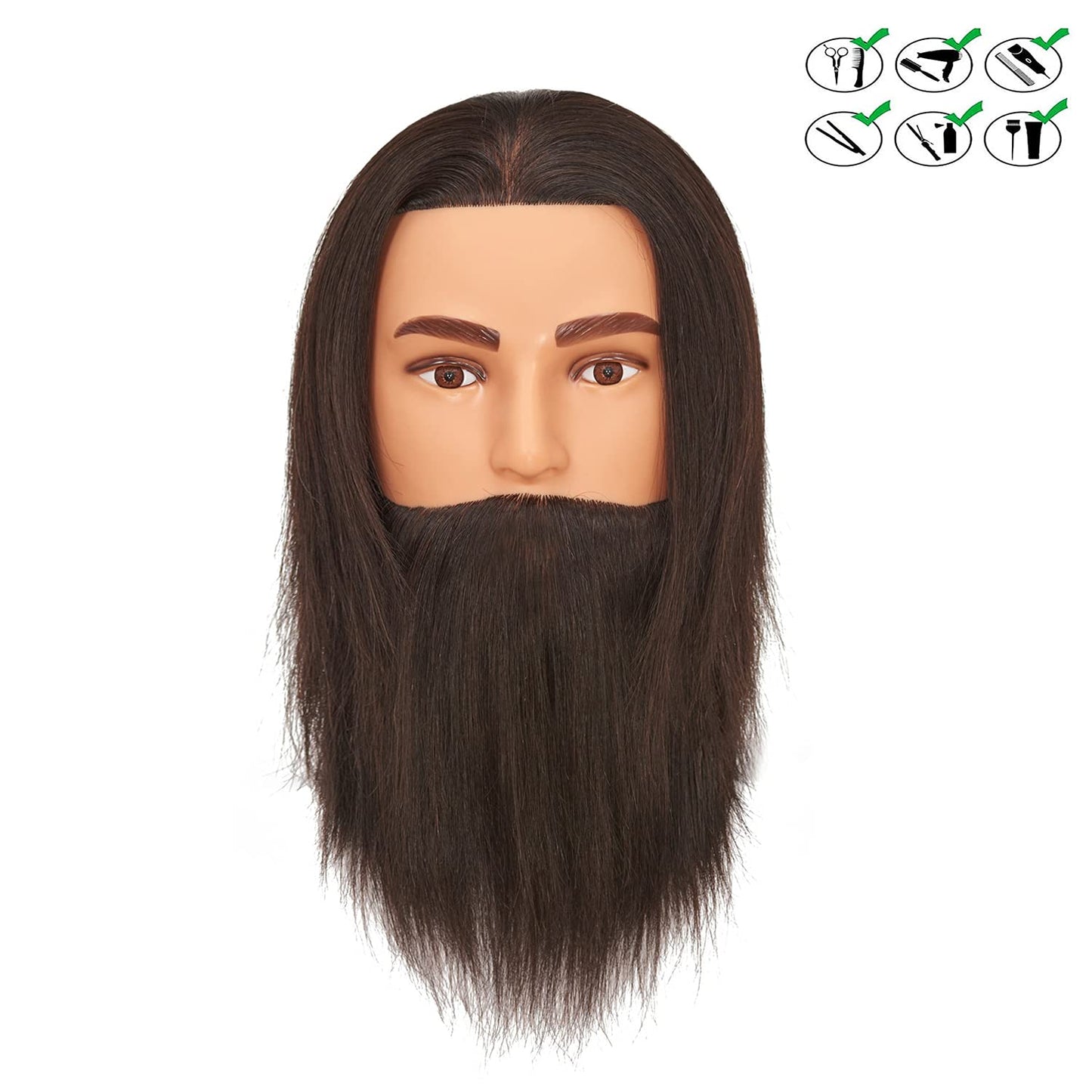 Traininghead Men Mannequin Head with Human Hair Manikin Training Practice Head Cosmetology Doll Heads for Hairdresses with Clamp Stand