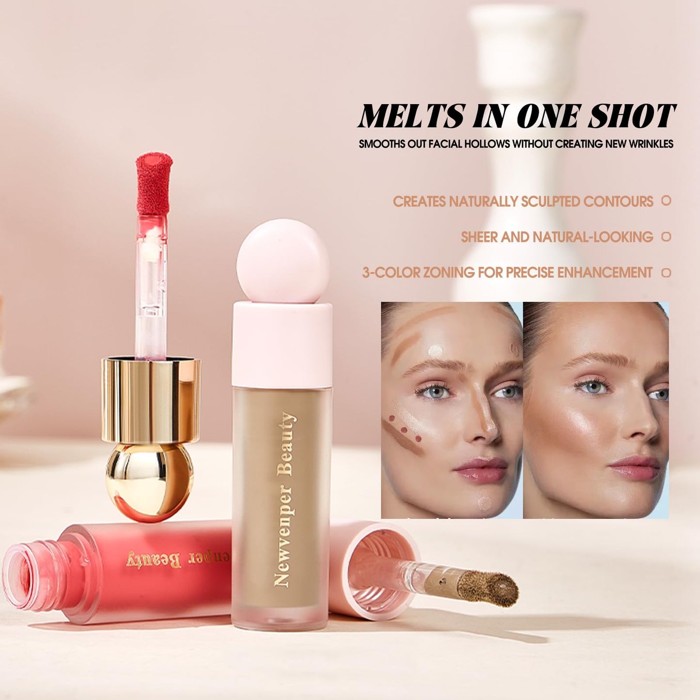 Liquid Contour,Liquid Highlighter, Blush with Face Brush Long Lasting Smooth Lightweight Smudge Proof Contour+ Blush+ Highlighter