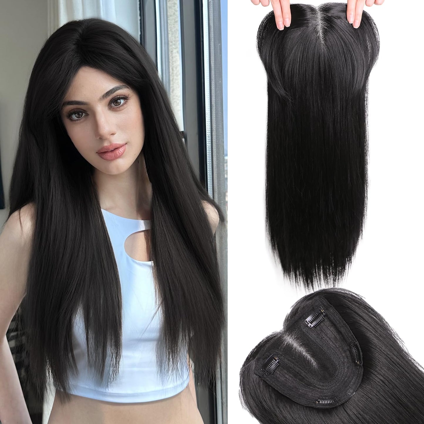 XIXISNOW Toppers Hair Pieces for Women 24 Inch Long Straight Clip in Hair Toppers for Women Thinning Hairs Synthetic Hand-Tied Hairline Heat Resistant Layered Womens Wig Topper Adding Volume Black