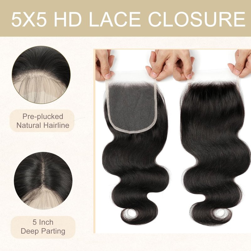 5x5 HD Lace Closure Human Hair Body Wave Virgin Human Hair Closure Invisible Transparent HD Lace Closure Pre-plucked Natural Black(16 Inch,Body Wave)