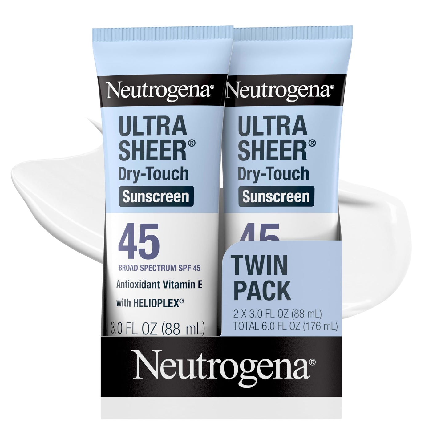 Neutrogena Ultra Sheer Dry Touch Sunscreen Lotion SPF 45 Broad Spectrum UVA UVB Protection Lightweight Water Resistant up to 80 Minutes Oil PABA Oxybenzone Free, 2-pack of 3 fl oz