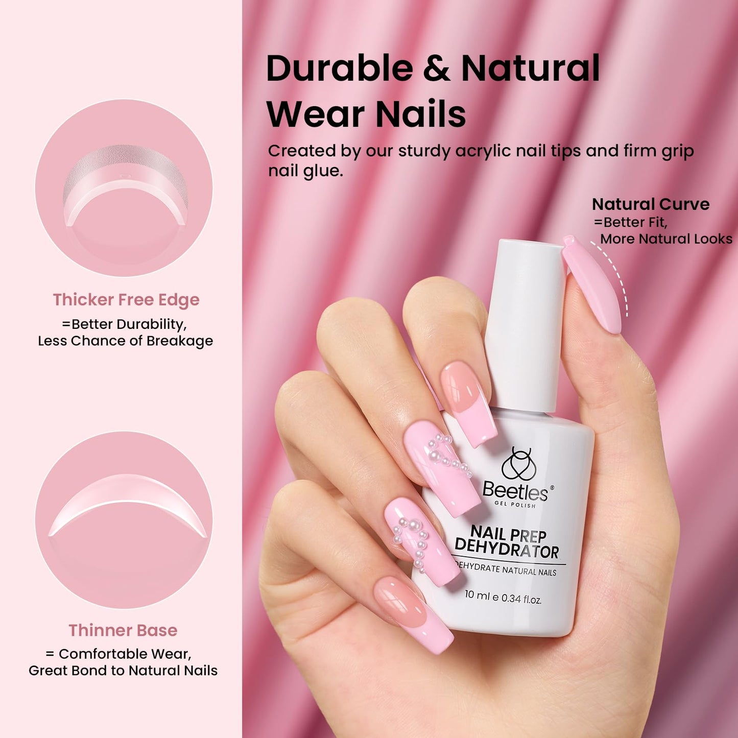 Beetles Gel Nail Kit Etch-X, Medium Square, 576pcs 12Size, with Nail Dehydrator and Primer, Solid Glue Mini Lamp, Half Matte Gel Nail Tips Acrylic Tips Easy DIY Extension Set Gift for Women
