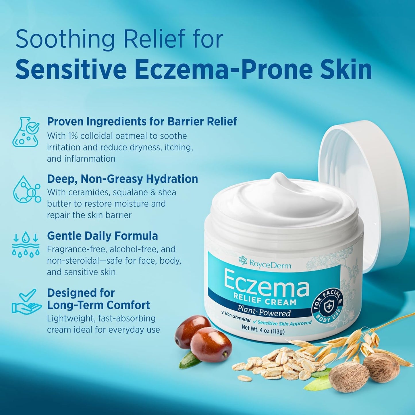 Roycederm Eczema & Psoriasis Cream for Dry, Itchy Skin – Moisturizer for Sensitive Skin, Eczema, Psoriasis & Dermatitis – 1% Colloidal Oatmeal + Ceramides – Steroid-Free for Adults, Kids & Babies