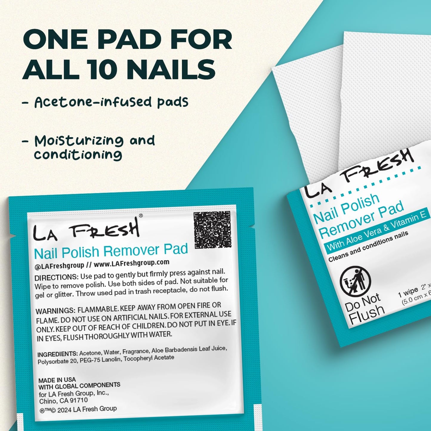 La Fresh Nail Polish Remover Wet Wipes with Lavender, Aloe Vera, and Vitamin E Pack of 50ct Acetone-Infused Pads - Nail Care Travel Essentials
