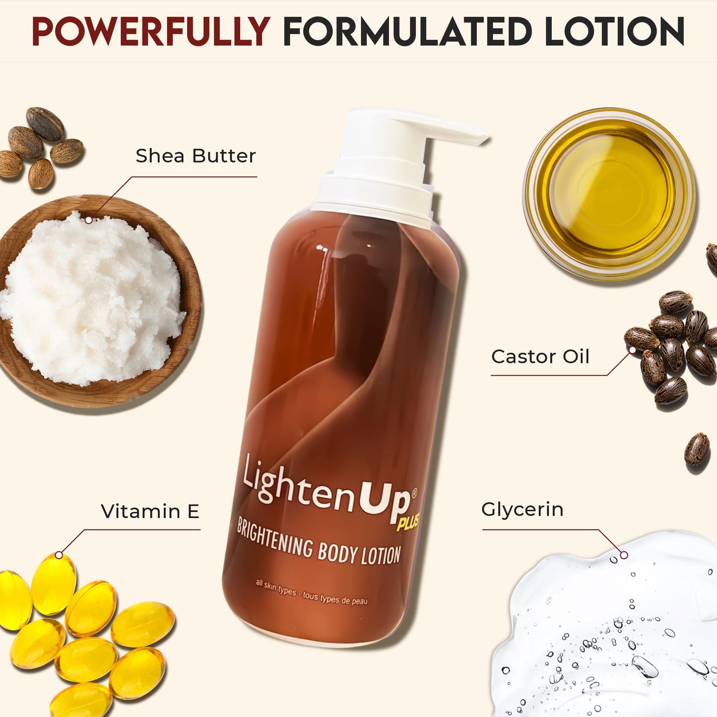 Lighten-Up Skin Brightening Lotion - 13.5 Fl oz / 400ml - Moisturizing, Hydrating Body Lotion for Body, Knees, Elbows, Hands, Underarms, with Jamaican Castor Oil and Shea Butter