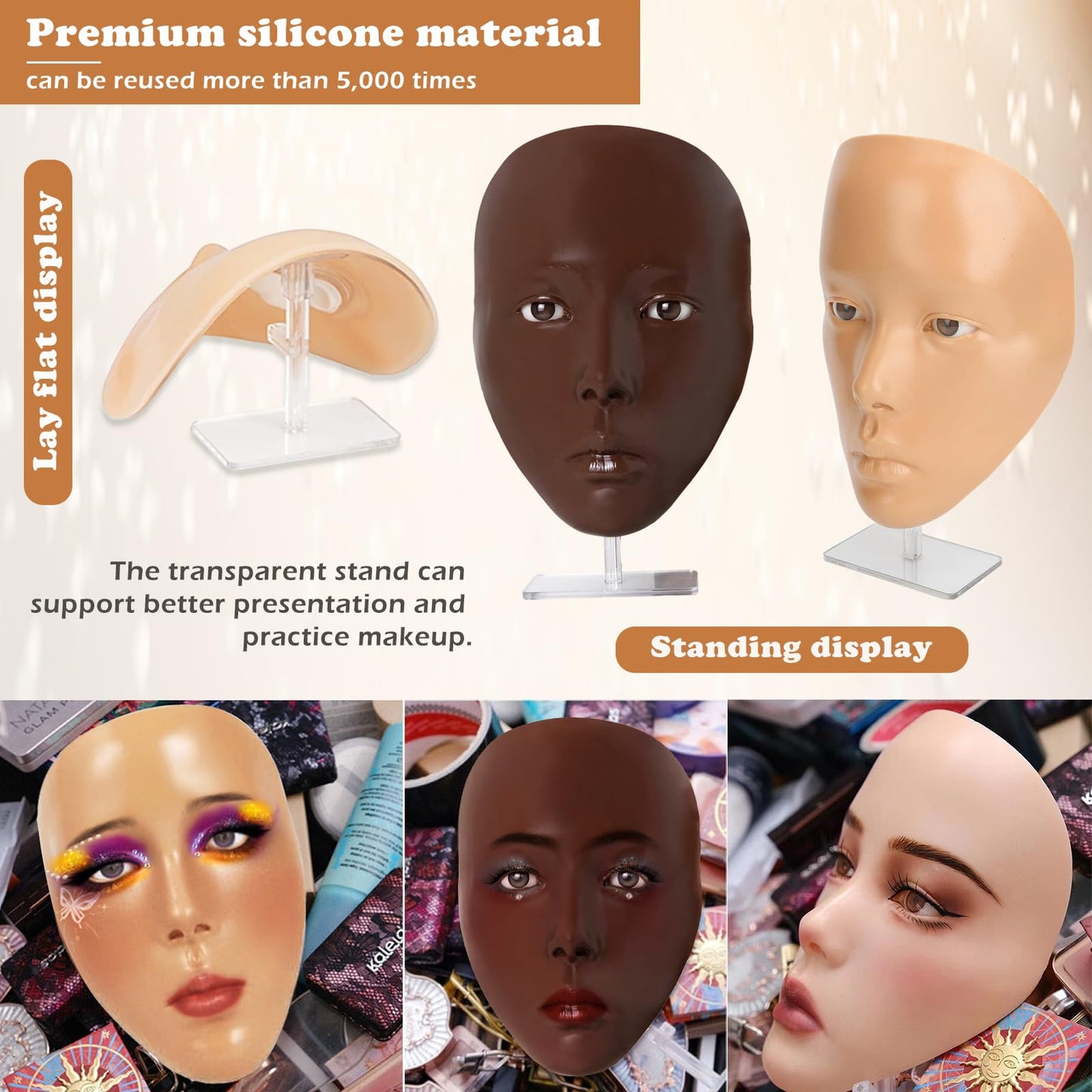 Penugo Makeup Mannequin Face Kit, Silicone Face for Makeup Practice Full Face for Must Haves, Mannequin Eye Face for Makeup Practice with Makeup Brushes Set & Eye Shadow & Eyebrow Pencil(Wheat)