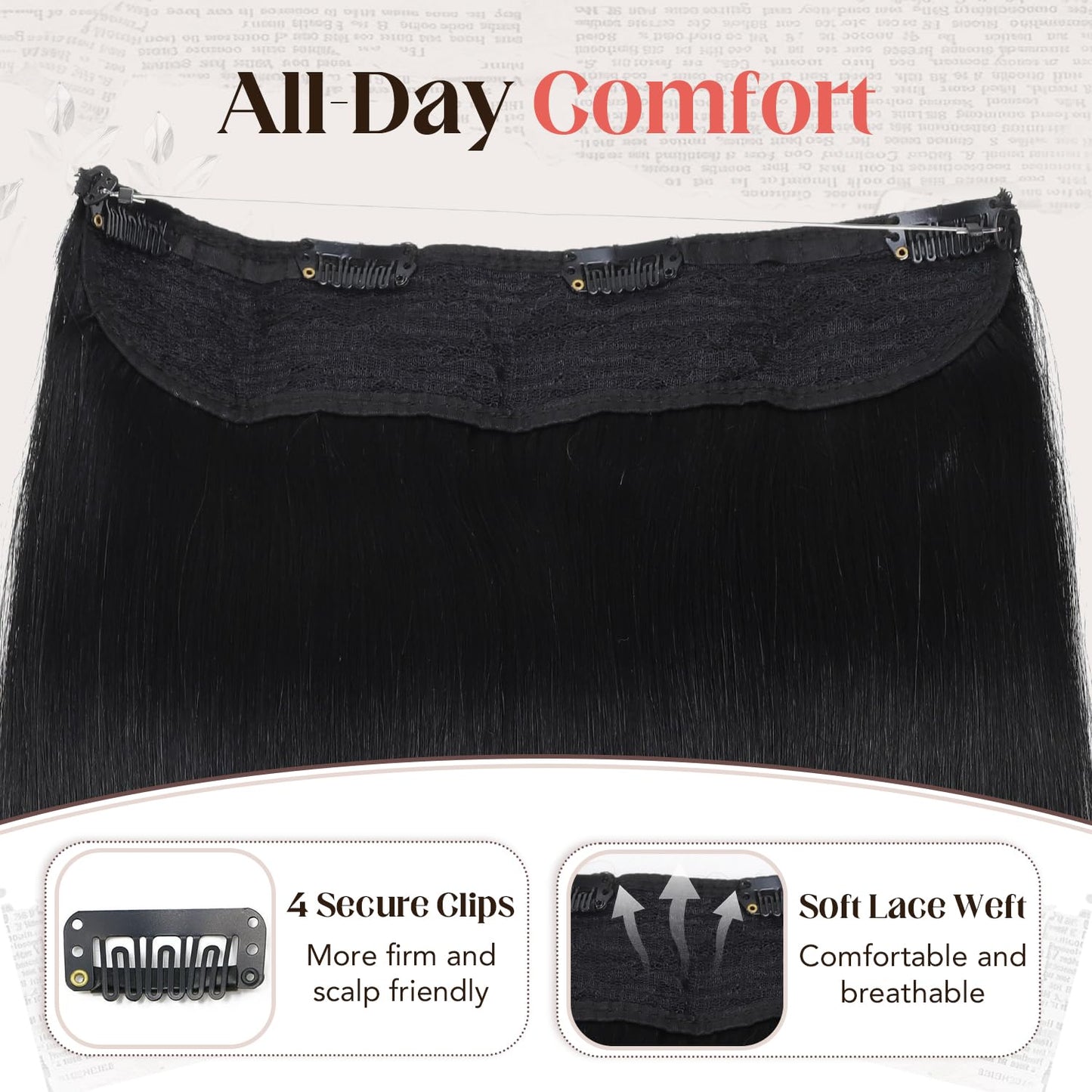 XDhair Hair Extensions Wire Human Hair 70g 14 Inch Hairpieces Jet Black Invisible Wire Hair Extensions with Adjust Secure 4 Clips(#1-14inch)