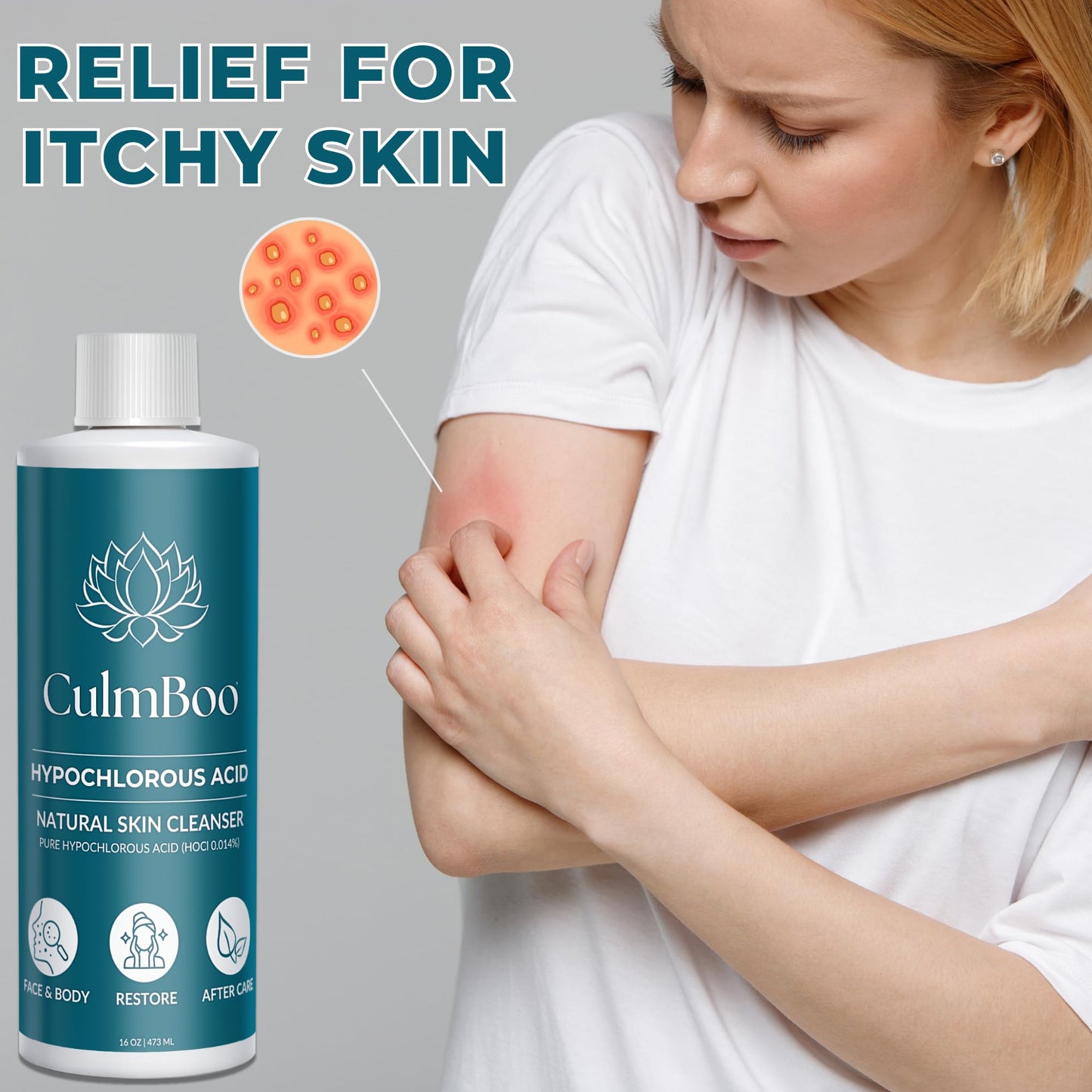 CulmBoo, Hypochlorous Acid Spray for Face & Skin - HOCl, Acne Prone Skin, Eczema, Natural Tattoo Aftercare, Piercing Aftercare Spray, Eye Lash Cleanser, Face Mist Toner, Wound Care Cleanser, 16 Fl Oz