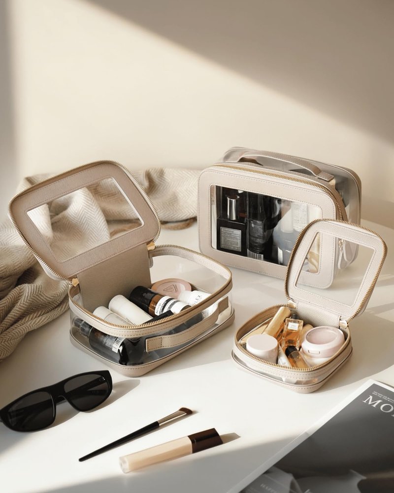 Oaque Clear Cosmetic Bag Set for Women Makeup Bag with Handle, 3 Pcs Travel Toiletry Bag Transparent Cosmetic Case Portable Make Up Organizer Bag for Essentials (Stone, Mini+S+L)