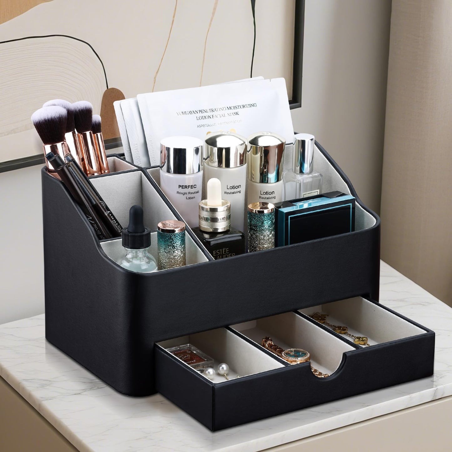 KINGFOM Leather Makeup Organizer with Drawer, Cosmetic Storage for Dresser Countertop and Bathroom Vanity, Beauty Holder for Lipstick Brush Skincare, Mother’s Day Gift for Mom(Black)