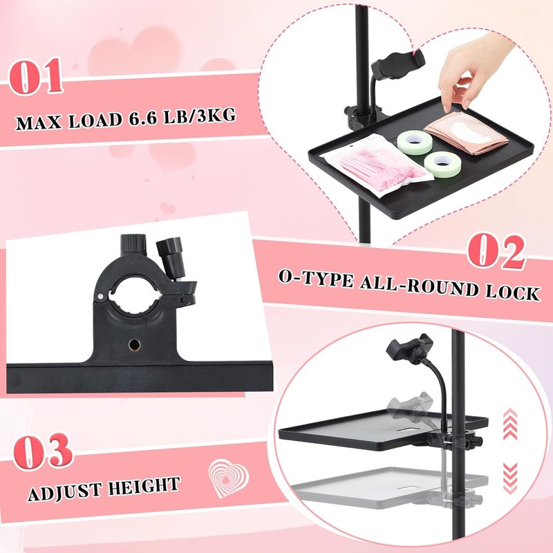 Adjustable Lash Tray Holder for Ring Light - 10.6" x 8" Organizer with Phone Holder & Makeup Mirror | Eyelash Extensions Supplies