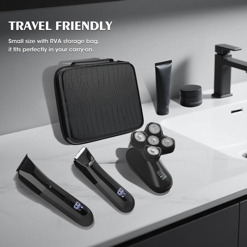 Karrte Manscape 5 in 1 Men's Grooming Kit, Beard Trimmer for Men, Groin & Body Hair Trimmer, Nose & Ear Hair Clippers, 5D Electric Razors, IPX7 Waterproof, LED Display with Travel Lock