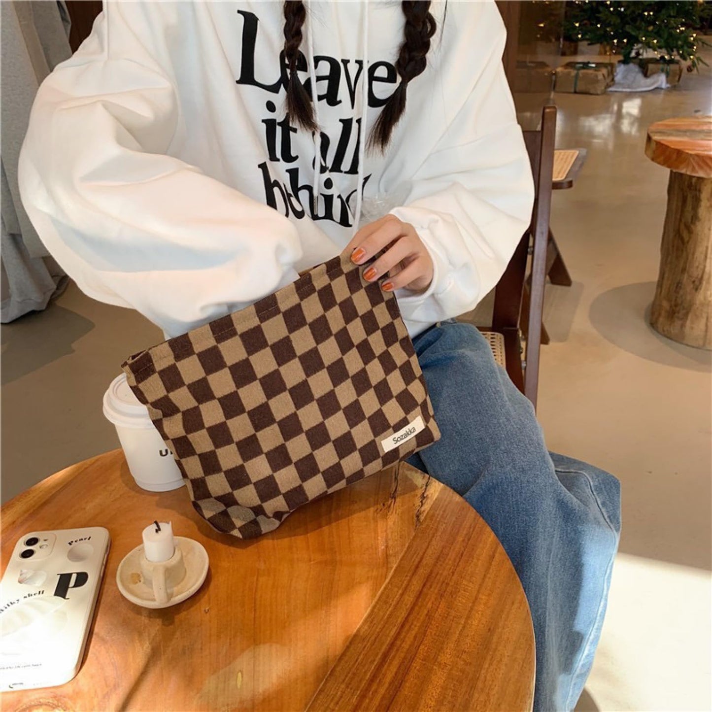 BIVIZKU Travel Checkered Makeup Bag, Corduroy Cosmetic Bag for Purse, Small Cosmetic Zipper Pouch Cute Travel Checkered Makeup Bag Gift for Women,Girls (3 pack)