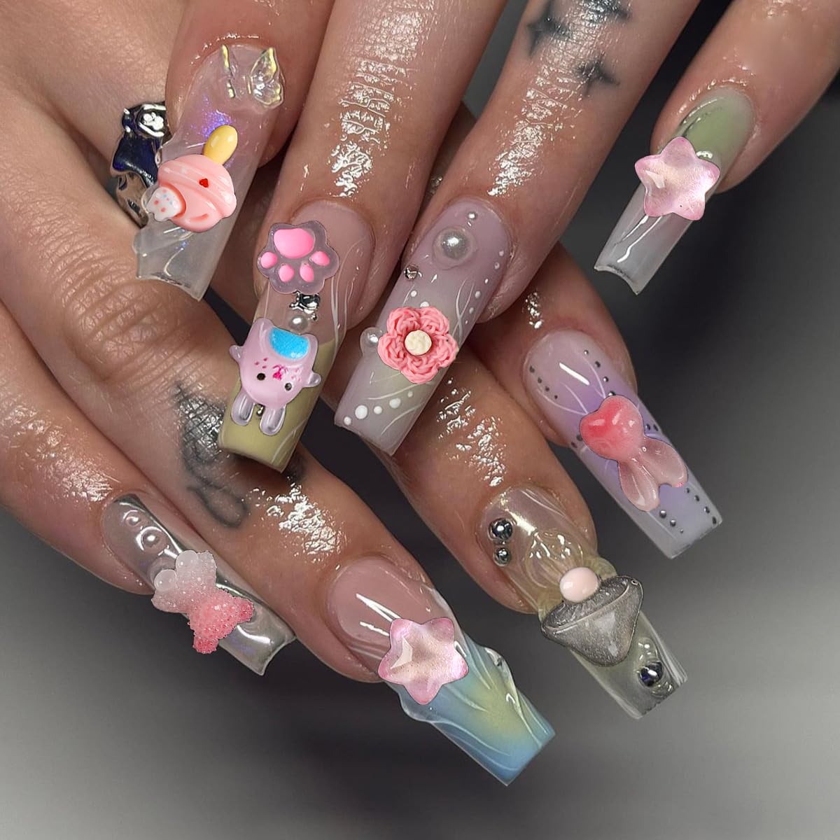 COOSLIM 150pcs Cute & Sweet 3D Animal Nail Charms for Acrylic Nails, Flower Bear Butterfly Animal Shape Charms for Nail, Perfect for Nail Art Decorations & DIY Accessories Crafts（Pink