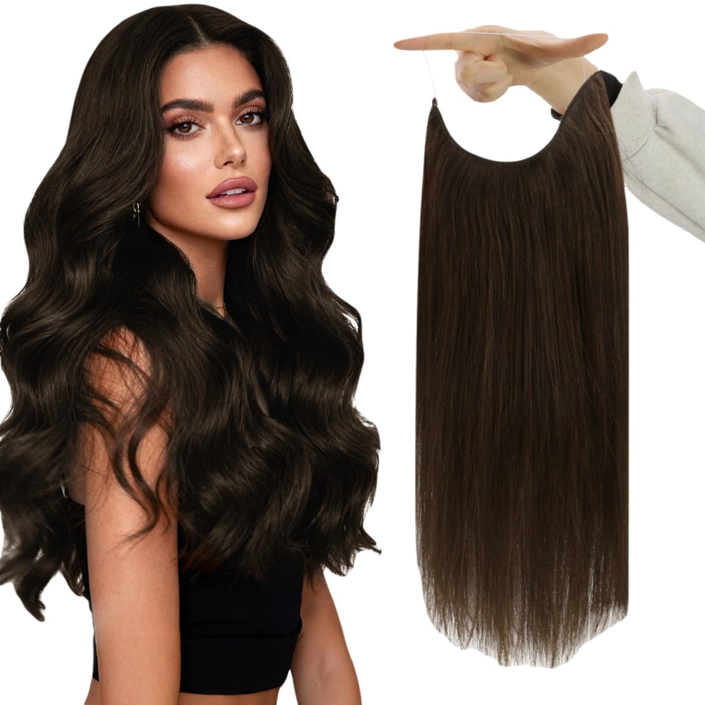 Fshine Invisible Wire Hair Extensions, Dark Brown Color 10 Inch 56G Hidden Wire Human Hair Extensions, Clip in One Piece Straight Hair for Women Add Volume