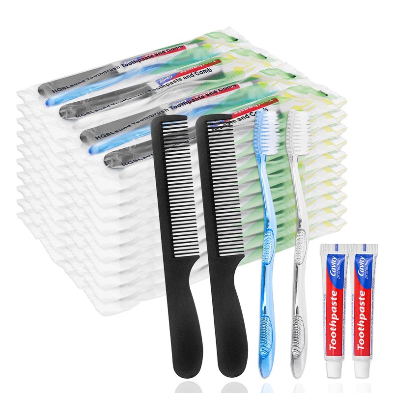 HQSLsund 50 Pack Disposable Toothbrushes with Toothpaste and Comb for Homeless Individually Wrapped,10g Travel Toothpaste,7inch Black Hair Comb, Bulk Toothbrush for Hotel,AirBnb,Shelter,Charity