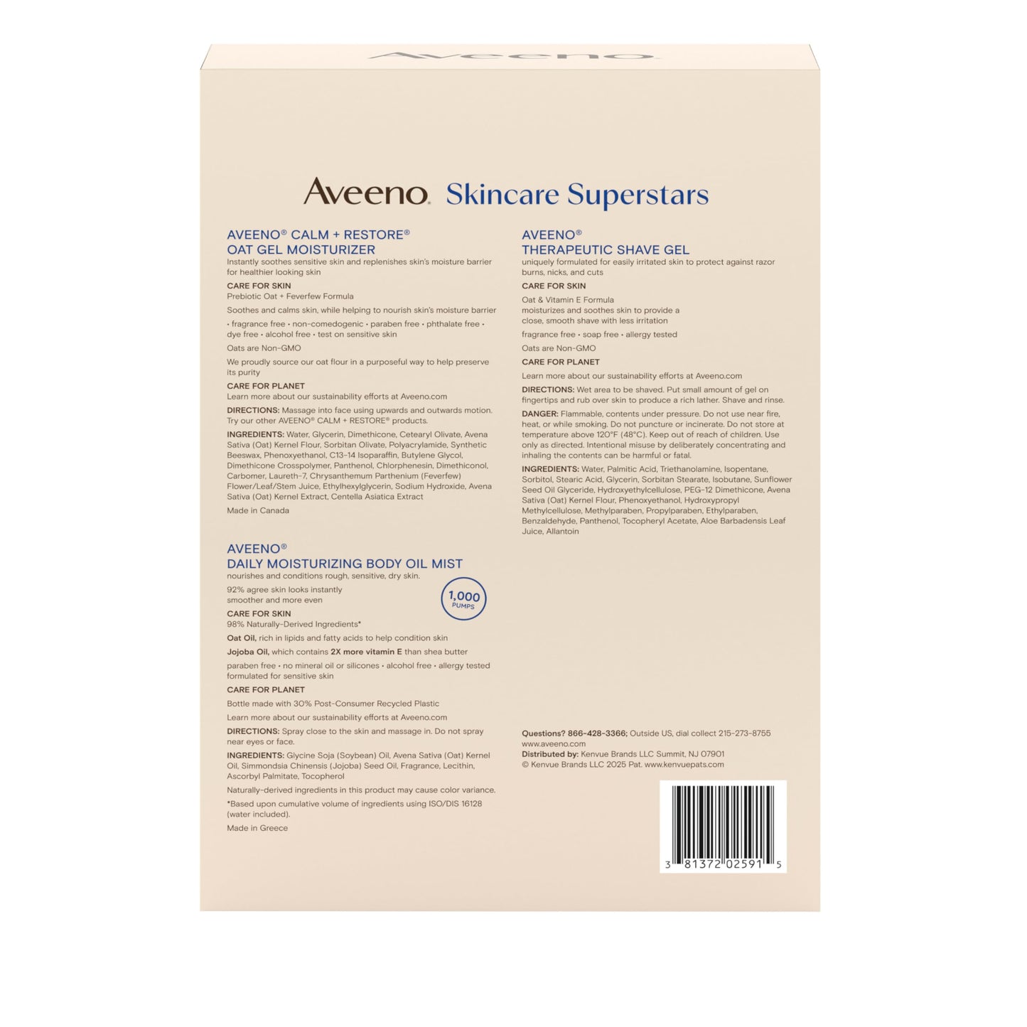 Aveeno Skin-care Superstars Gift Set with Calm + Restore Oat Gel Facial Moisturizer, Daily Moisturizing Body Oil Mist, & Therapeutic Shave Gel for Smooth Skin, 3 items