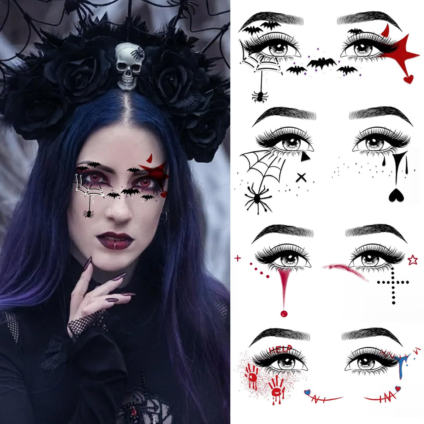 15 Pcs Horror Halloween Face Makeup Tattoos Stickers Clown Demon Spider Web Ghost Vampire Eyeshadow Temporary Stickers Scary Fake Blush Freckles Face Tattoos for Day of Dead Carnival Party Decoration