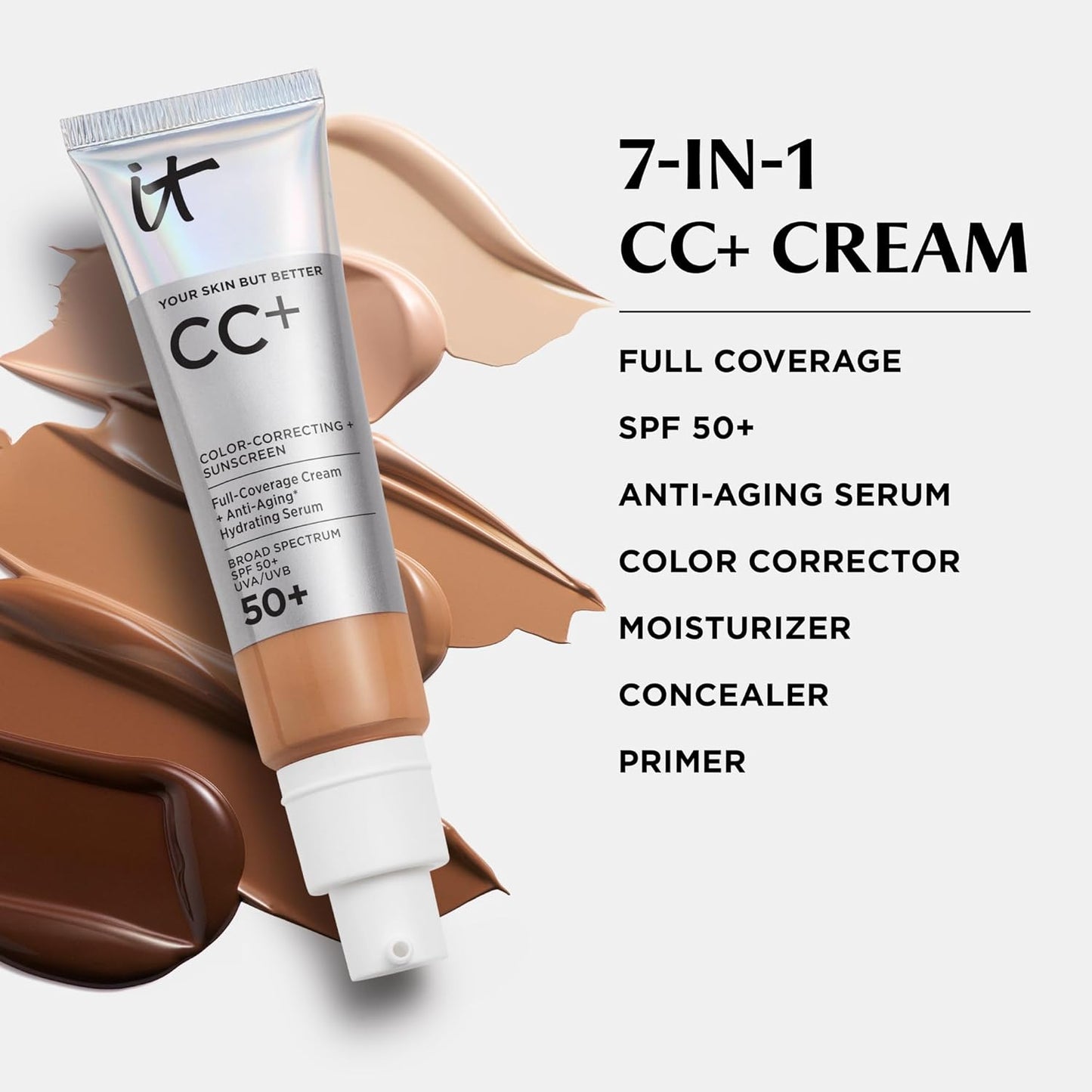 IT Cosmetics CC+ Cream - Natural Full Coverage Foundation with SPF 50+ | Anti-Aging Hydrating Serum, Lightweight, 24H Wear