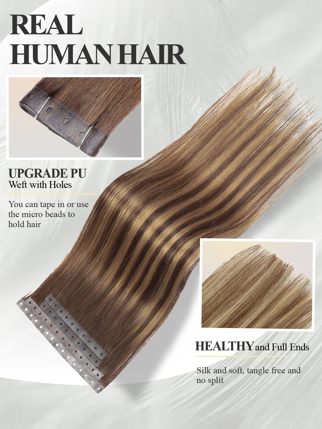 Human Hair Extensions Invisible PU Tape in Hair Extension T4/27 Highlight Honey Blonde Remy Human Hair Extensions with Beads Glueless Hair Extension for Women (30g 4Pcs,12 Inch)
