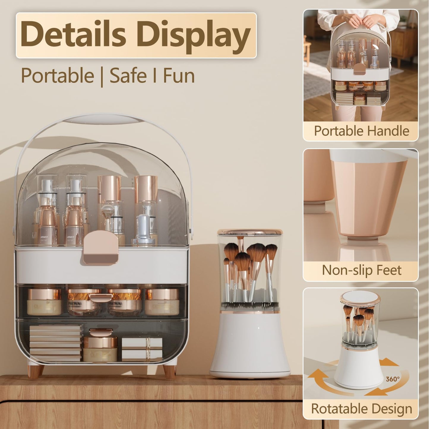 CLBDRESS Makeup Organizer Countertop & Makeup Brush Holder with Lid 360 Rotating Clear Dustproof Skincare Holder for Vanity Bathroom Countertop, Ideal Gifts for Women, Transparent, Silver