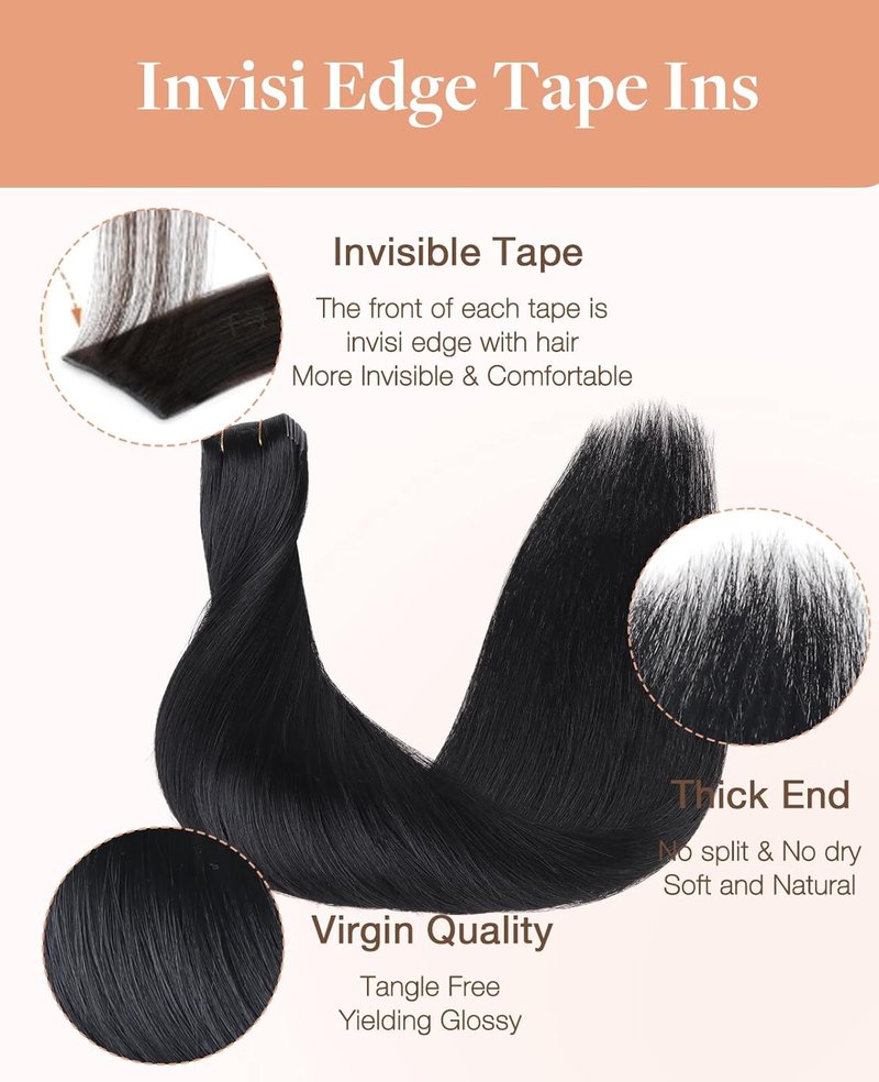 Invisi Edge Tape Hair Extensions - 20pcs Jet Black 14" Virgin Remy Human Hair | Seamless & Natural Look