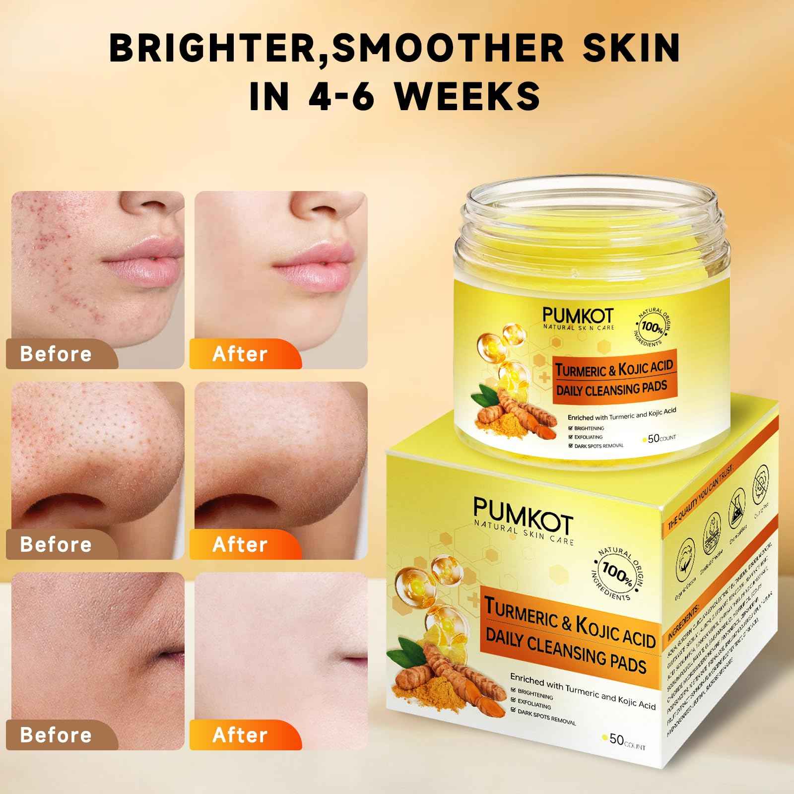 Pumkot Turmeric Kojic Acid Cleansing Pads, Turmeric Face Scrub Pads Enriched with Kojic Acid, 50PCS