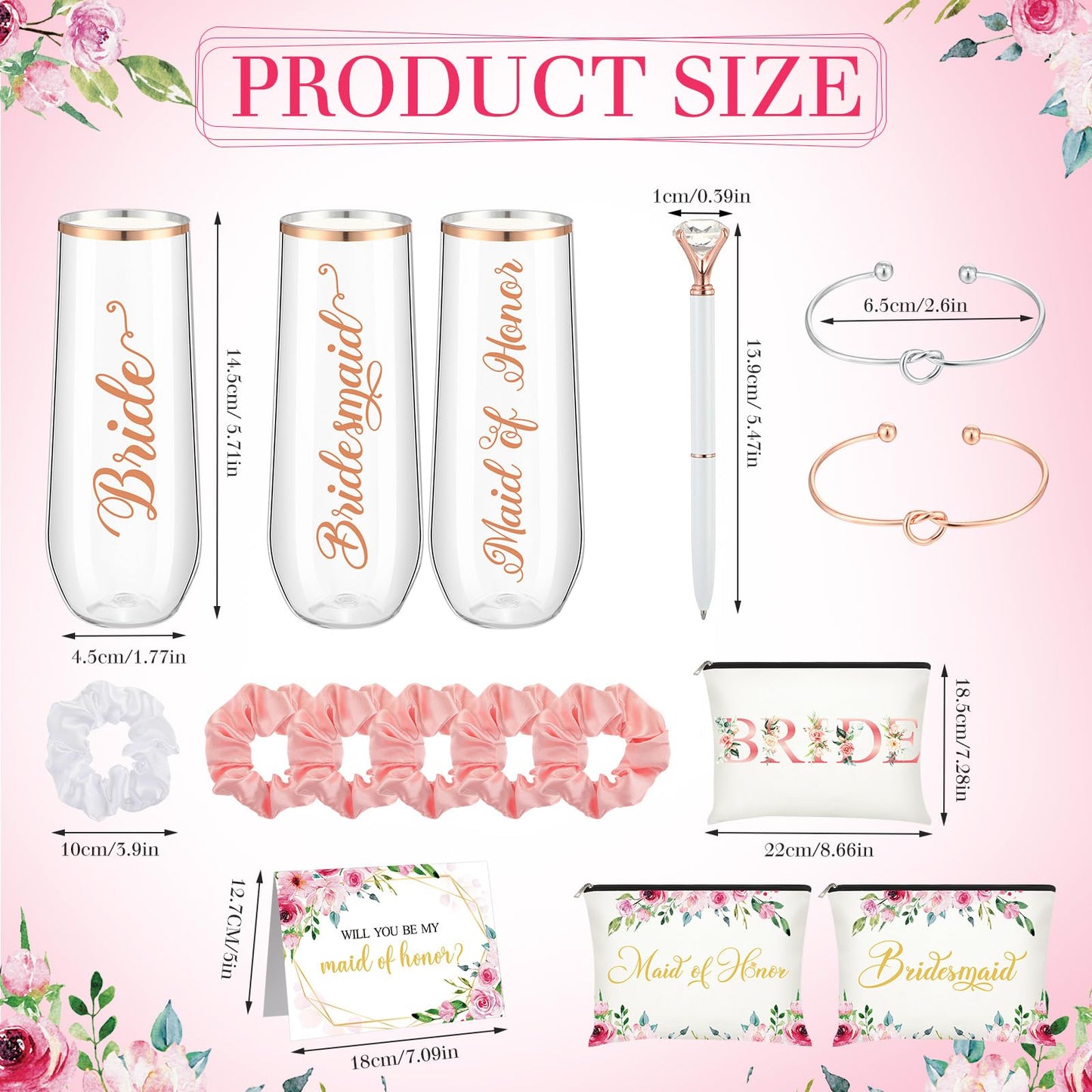 HyDren 35 Pcs Bridesmaid Proposal Gifts Maid of Honor Gift Include Champagne Flutes Makeup Bags Invited Cards Hair Scrunchies Bracelets Diamond Pens for Wedding Bachelorette(Cute Style,Pink)