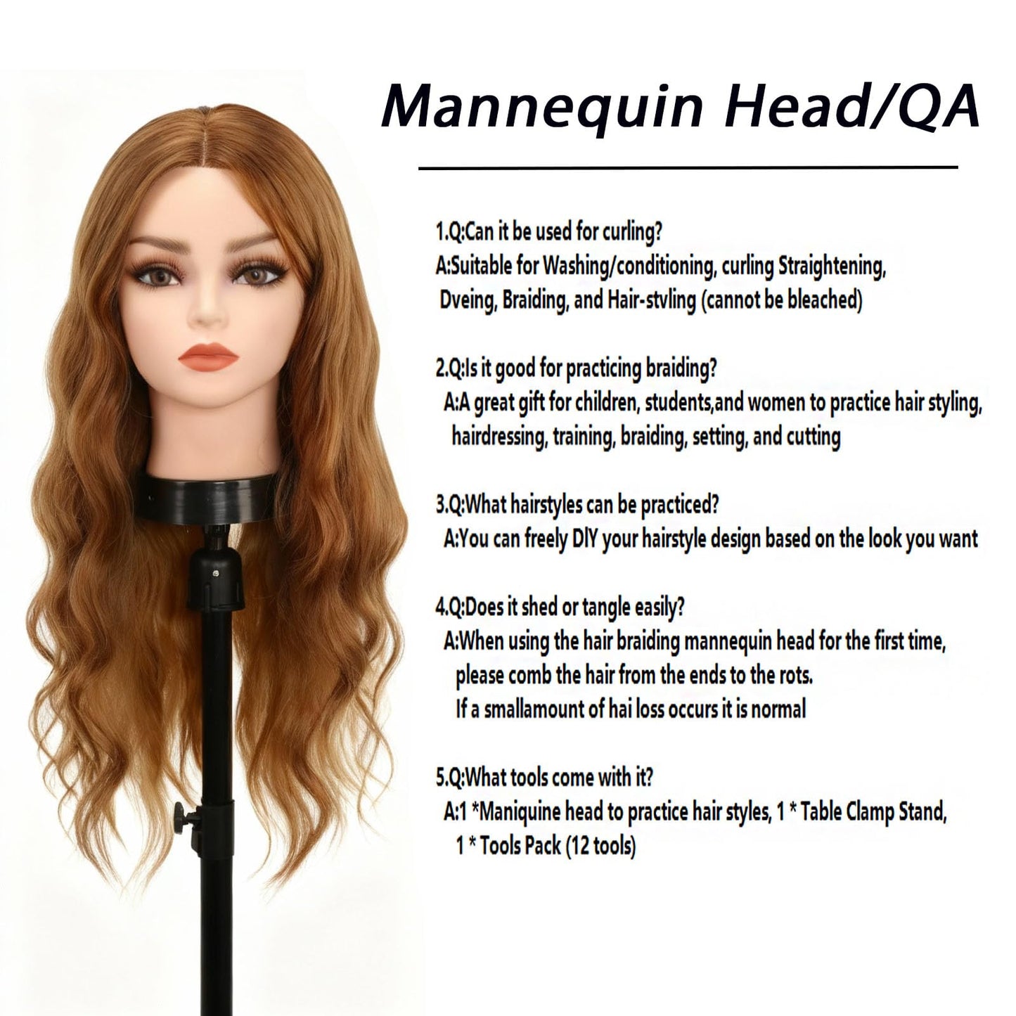 Mannequin Head with 80% Human Hair, TopDirect 24" Brown Real Hair Cosmetology Mannequin Head Hair Styling Hairdressing Practice Training Doll Heads with Clamp Holder and Tools