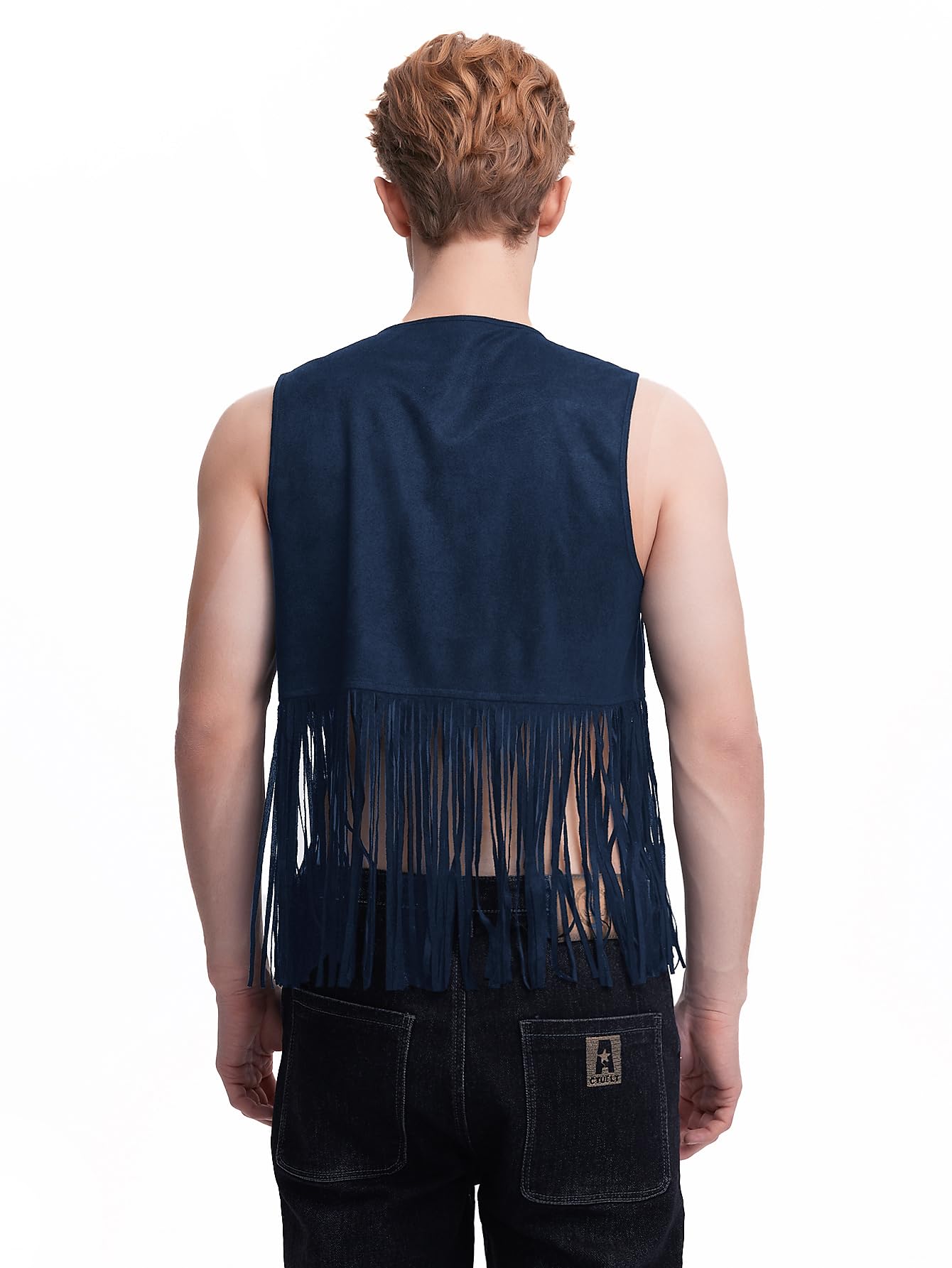 WDIRARA Men's Open Front Sleeveless Fringe Hem Party Club Jacket Vest Outerwear Navy Blue Solid S