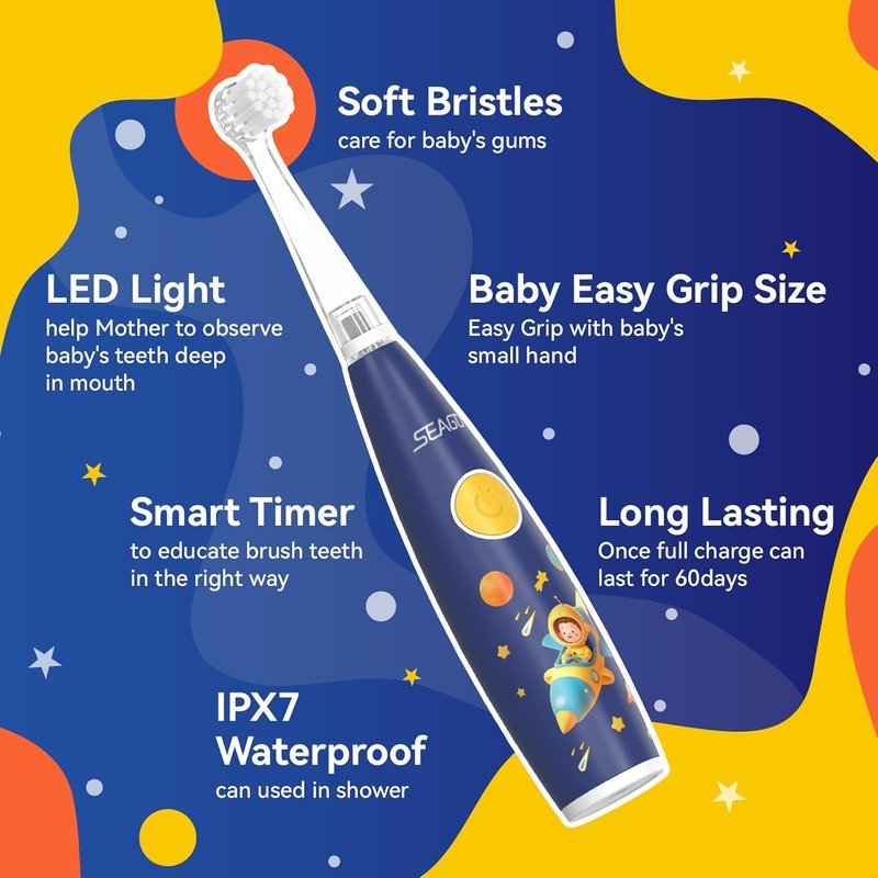 Kids Electric Toothbrush - Rechargeable with Smart Timer & LED Light | Soft Bristles for Ages 2-4 (Blue)