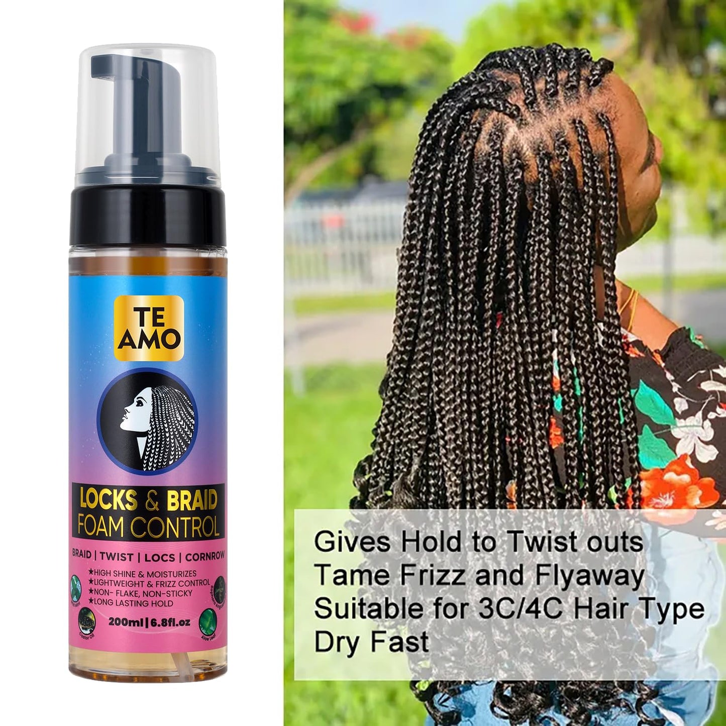 Te Amo Locks & Braid Foam Control – Long-Lasting Braid Foam for braiding | No Frizz or Fraying | Moisturizes & Seals Braids, Locs, Twists & Cornrows (6.8 oz)