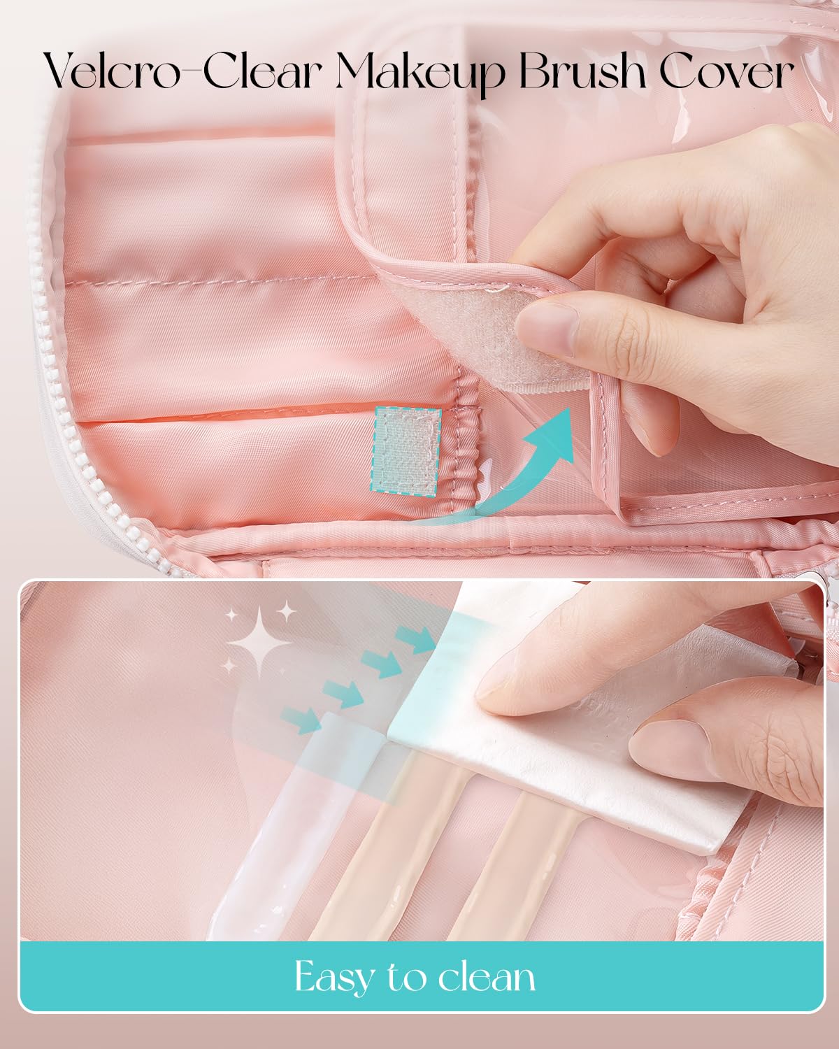 VLANDO Travel Makeup Bag, Large Travel Toiletry Bag for Women Girl, Waterproof Cute Cosmetic Bag with Handle, Clear Make up Bag for Cosmetic, Brushes, Skincare-Apricot Pink