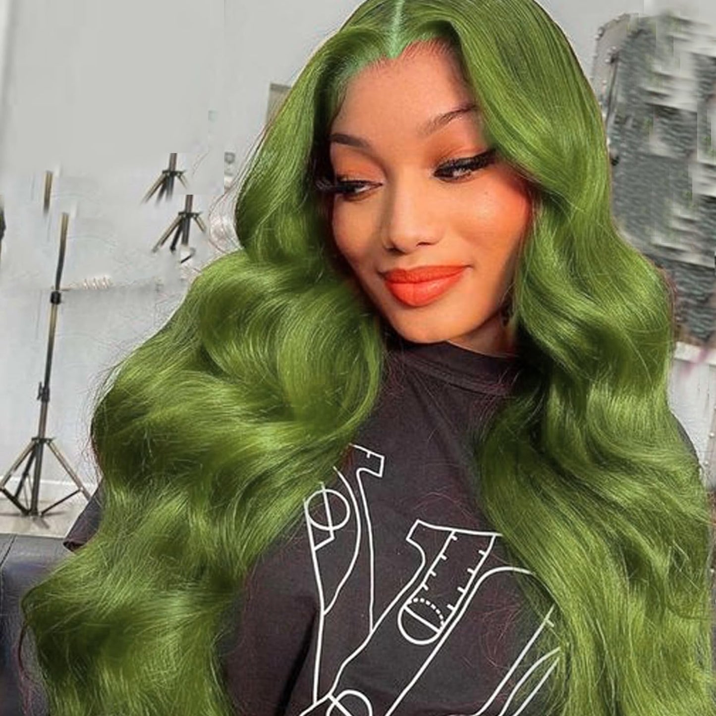 AFBeauty Green Lace Front Wig Body Wave Glueless Lace Wigs Olive Green Long Curly Wavy Pre Plucked Natural Wig Synthetic Heat Resistant Fiber Hair Colorful Wig for Women Daily 24 Inch