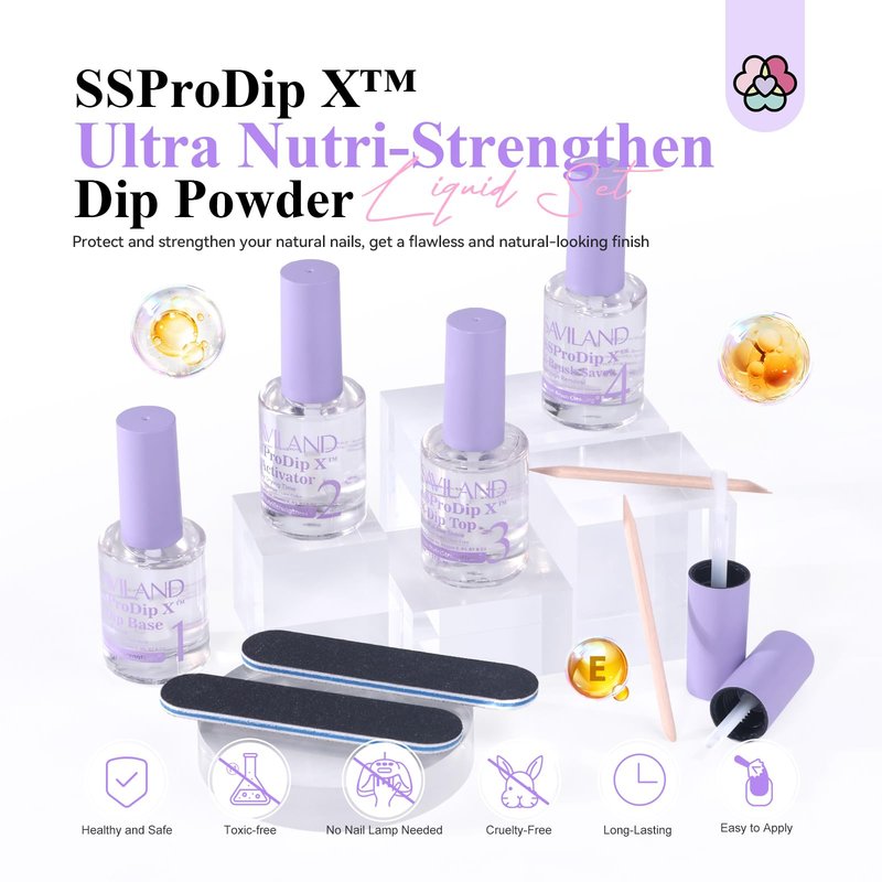 SAVILAND Dip Powder Liquid Set: 15 ml/0.5 Fl.oz Nail Dipping System Essentials for Beginners - HEMA-free Dip Base, Top, Activator, Brush Saver - Strengthen Nails DIY at Home, No Nail Lamp Needed
