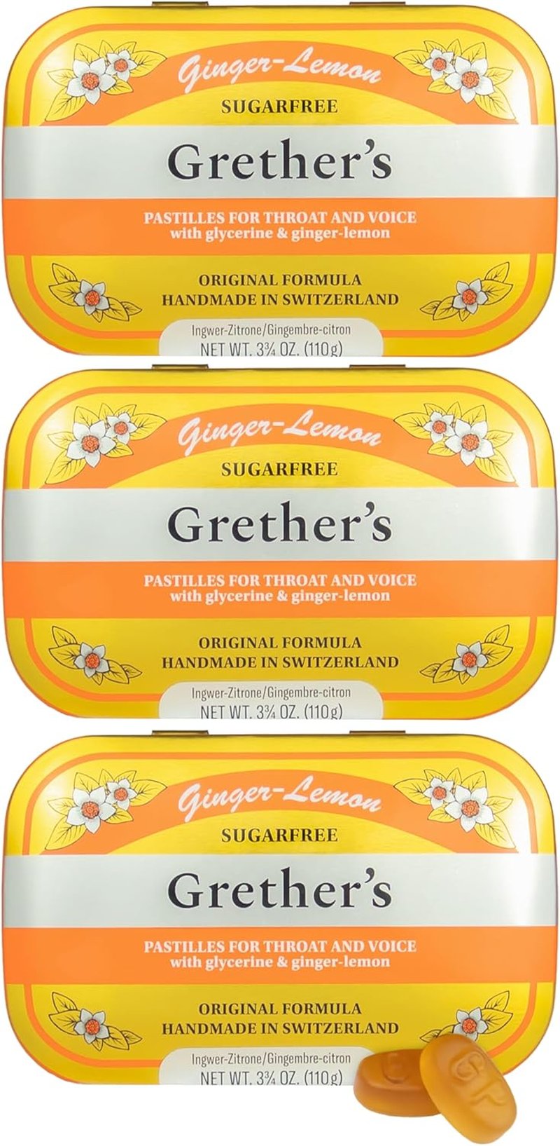 Grether's Sugar-Free Ginger Lemon Pastilles | Premium Throat Lozenges for Dry Mouth Relief | Citrus Flavor | 3.75 oz - 3 Pack
