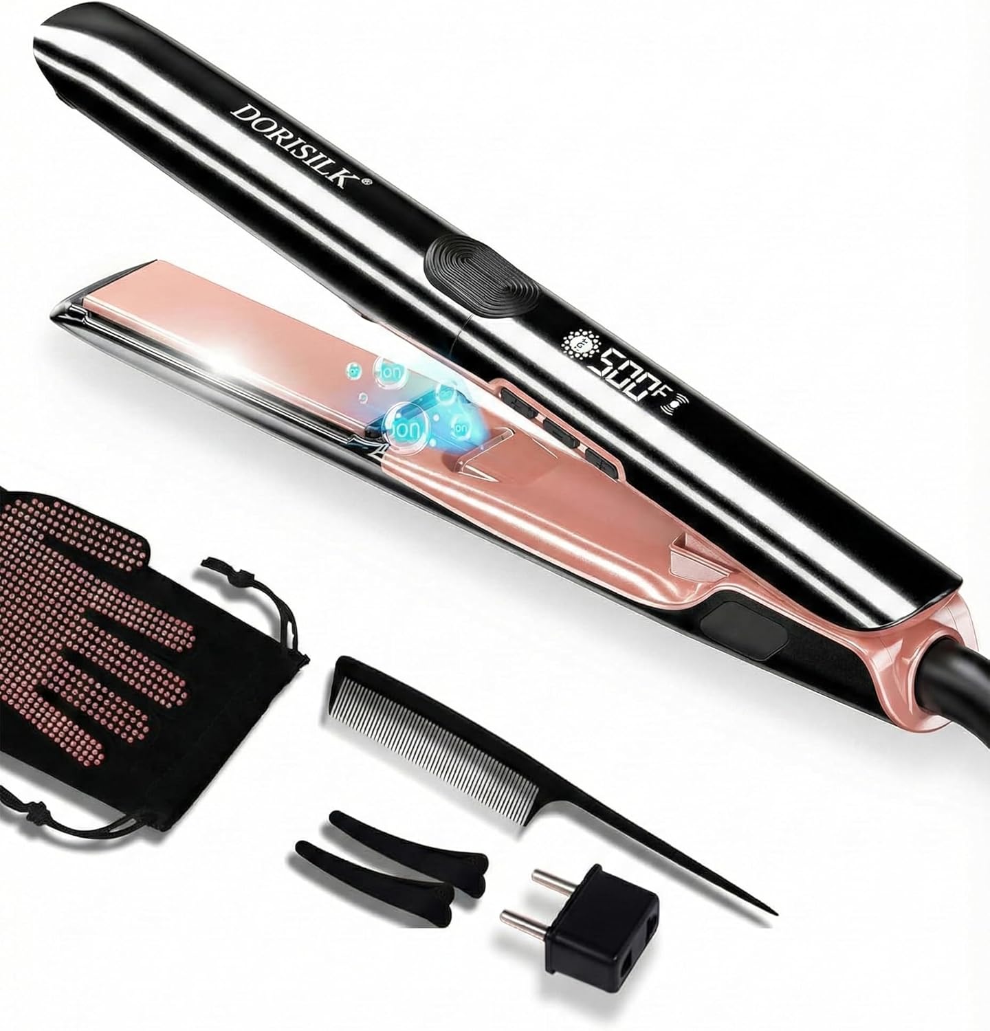 DORISILK 2-in-1 Hair Straightener & Curler - 500°F Fast Heating Ceramic Flat Iron | Travel Dual Voltage